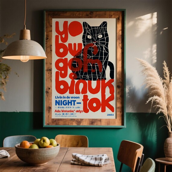 Geometric Black Cat Red Letter Collage Livin In De Woon Night Poster