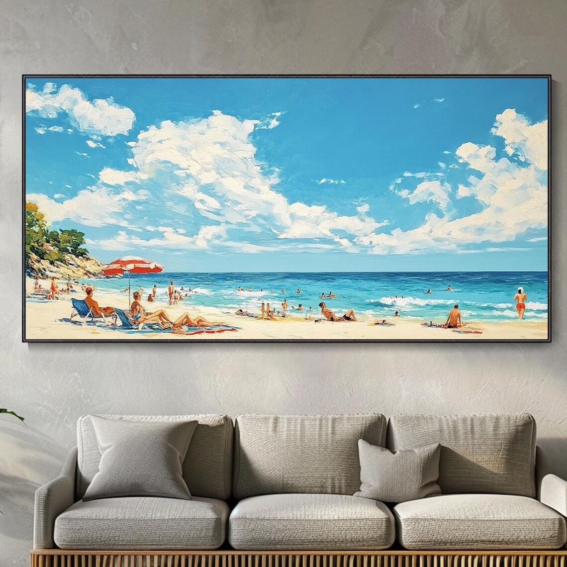 Sunny Beach Day Sunbathers Blue Ocean Seascape Oil Painting Wall Art - Image 5