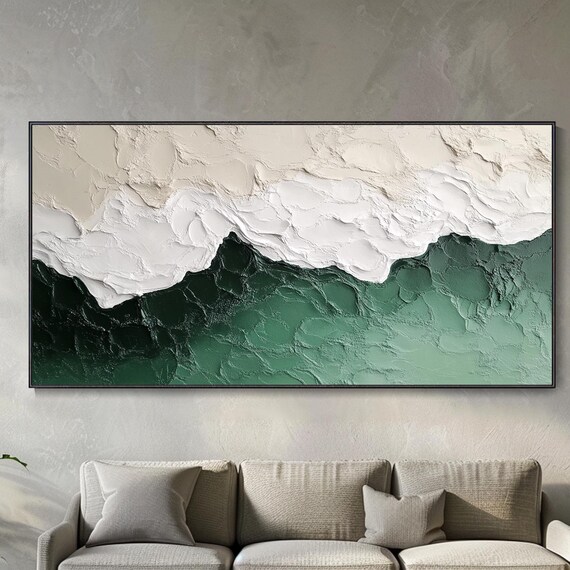 Minimalist Green White Ocean Waves Abstract Textured Oil Painting Wall Art