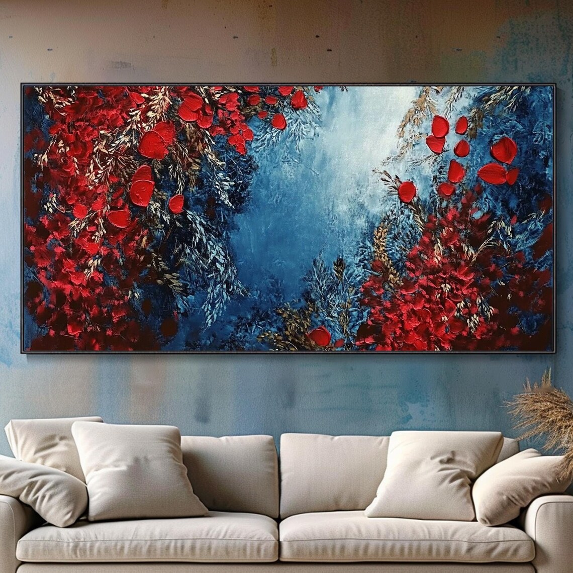 Red Rose Petals Deep Blue Abstract Romantic Oil Painting Wall Art