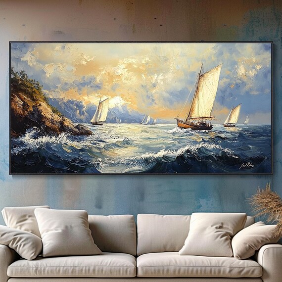 Sunset Sailboats Ocean Regatta Golden Sky Textured Oil Painting Wall Art