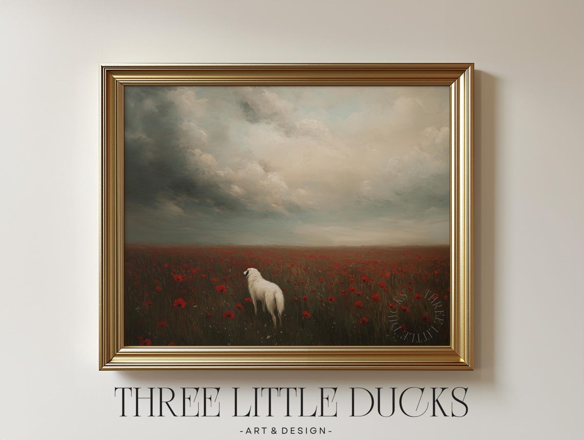 White Sheepdog In Poppy Field Dramatic Sky Landscape Wall Art