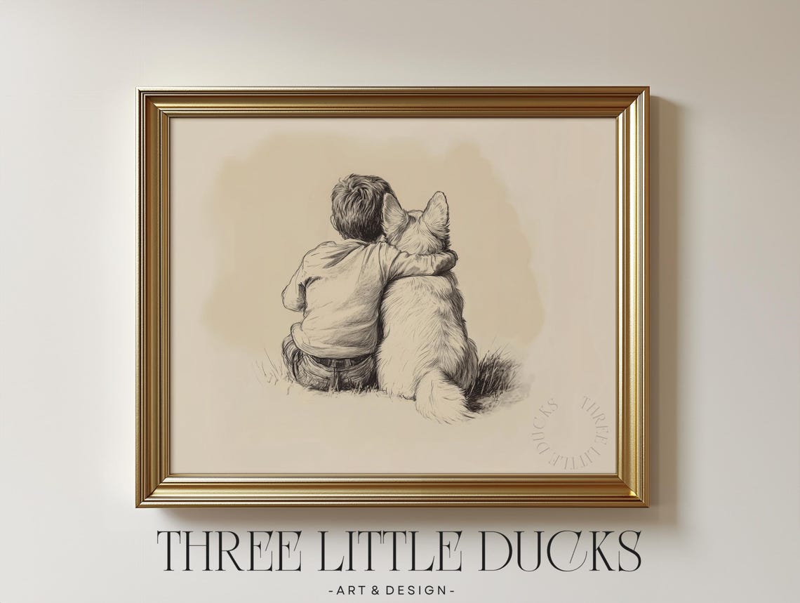 Boy Hugging Welsh Corgi Vintage Pencil Sketch Nursery Wall Art