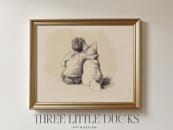 Boy Hugging Welsh Corgi Vintage Pencil Sketch Nursery Wall Art