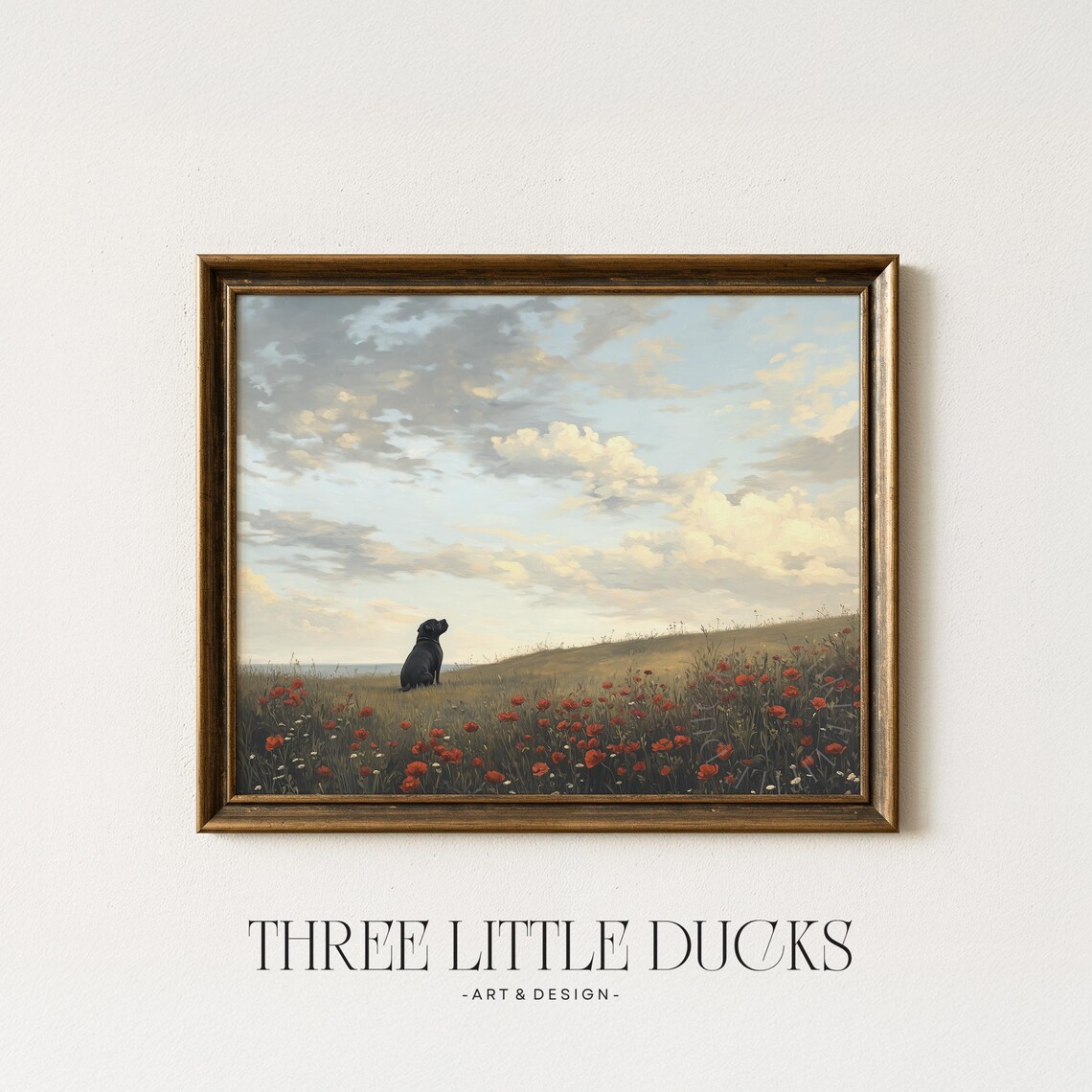 Black Bulldog Sitting In Poppy Field Country Landscape Wall Art