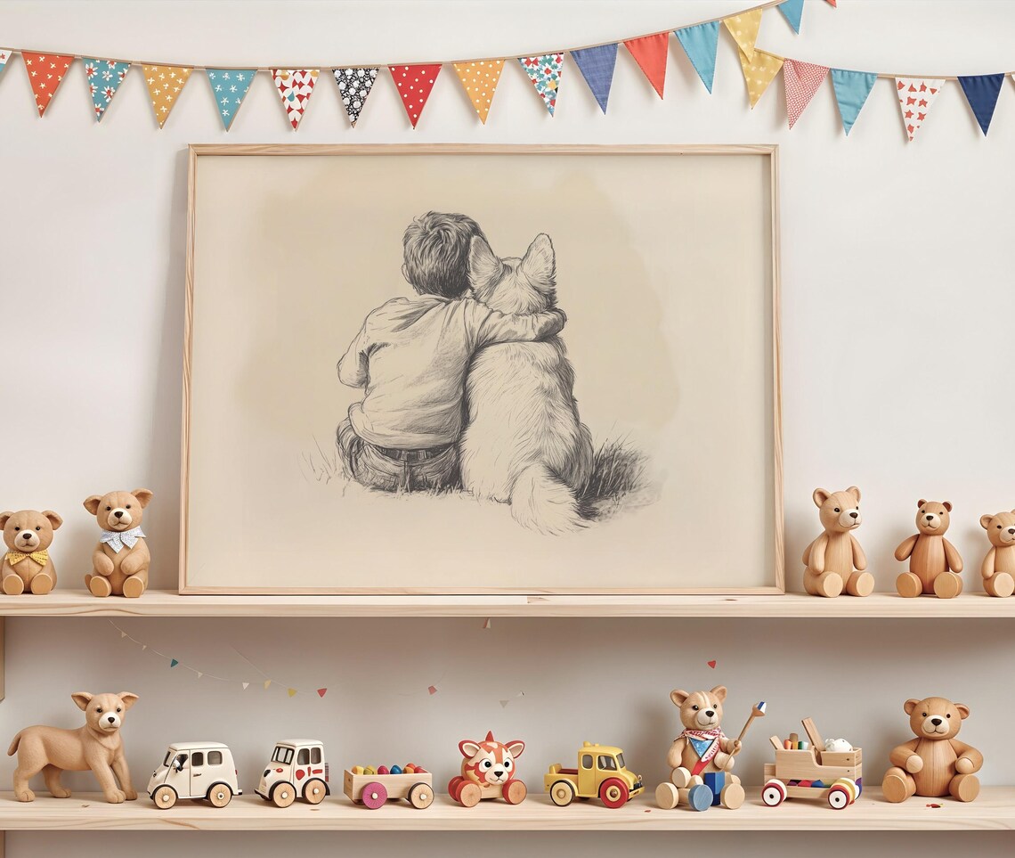Little Boy Hugging Corgi Dog Vintage Pencil Sketch Nursery Poster Boys Room