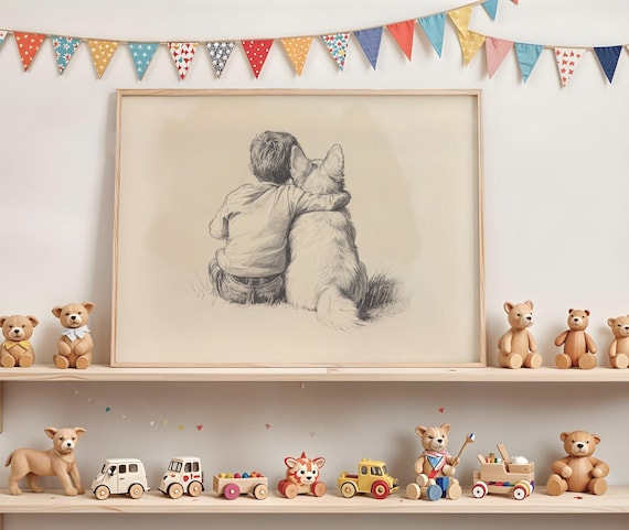 Boy Welsh Corgi Wall Art Nursery Childs Room Puppy Baby Vintage Poster Dog Sketch Boys Drawing 645
