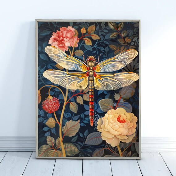 Dragonfly Botanical Art Print William Morris Style Dark Floral Poster