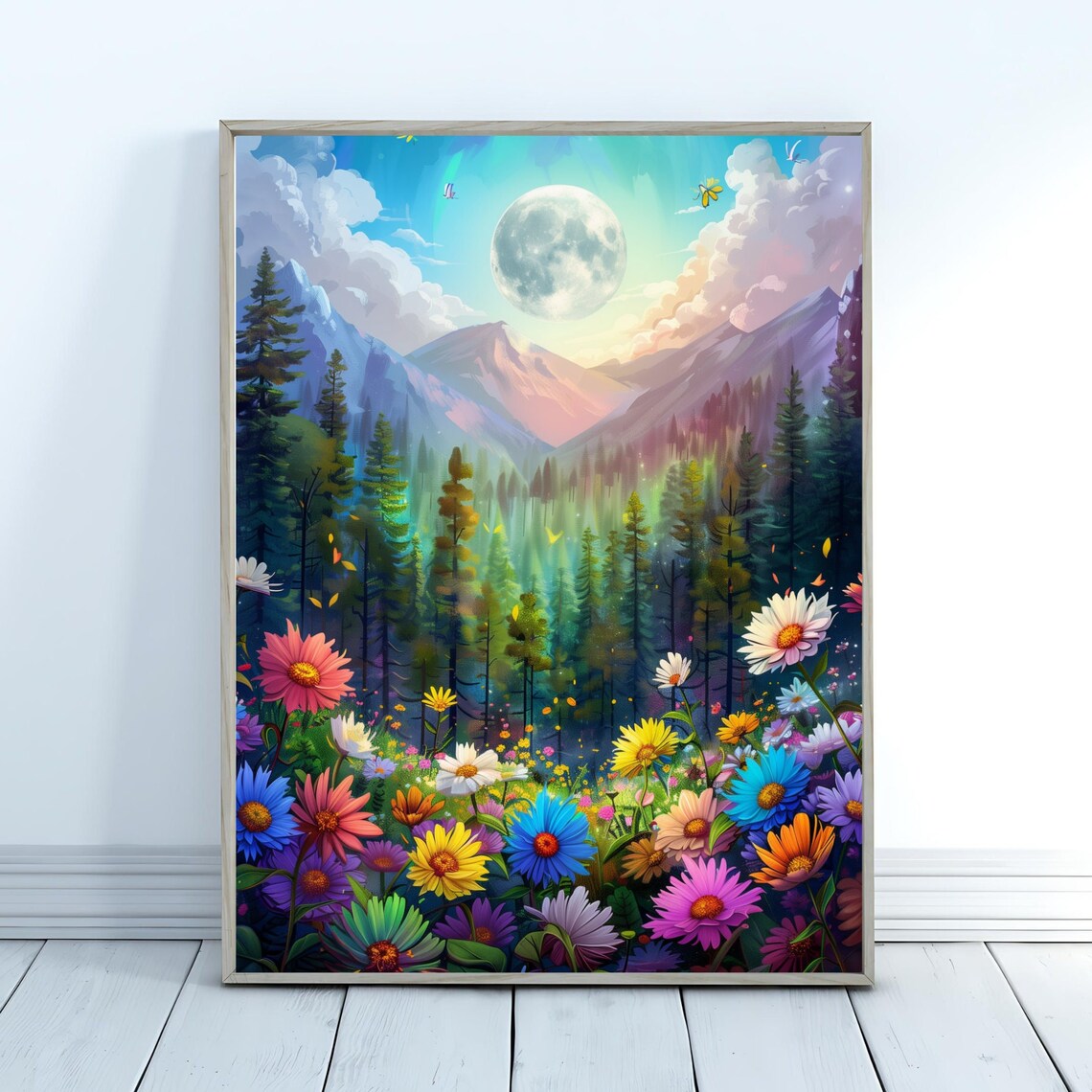 Full Moon Mountain Forest Valley Wildflower Night Sky Nature Poster