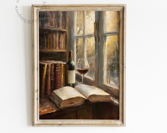 Open Book and Wine Bottle by Sunlit Library Window Oil Painting Poster