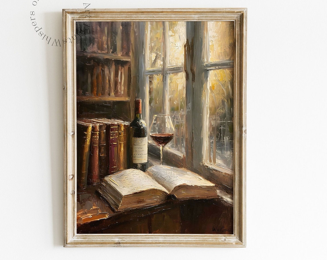 Open Book and Wine Bottle by Sunlit Library Window Oil Painting Poster