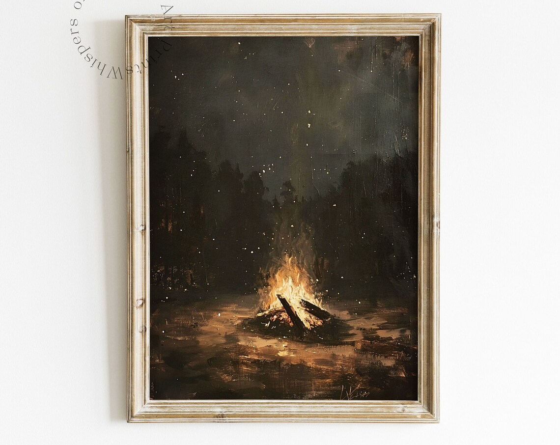 Fall Campfire Art Print, Autumn Wilderness Cabin Decor