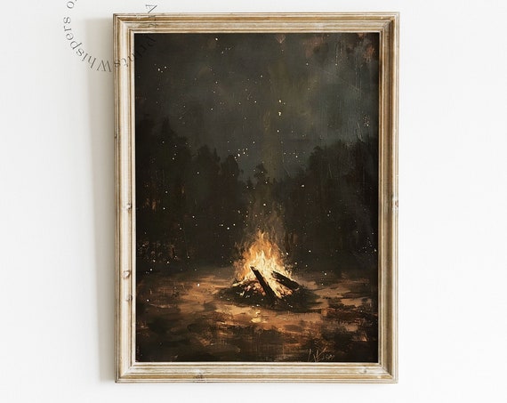 Fall Campfire Art Print, Autumn Wilderness Cabin Decor
