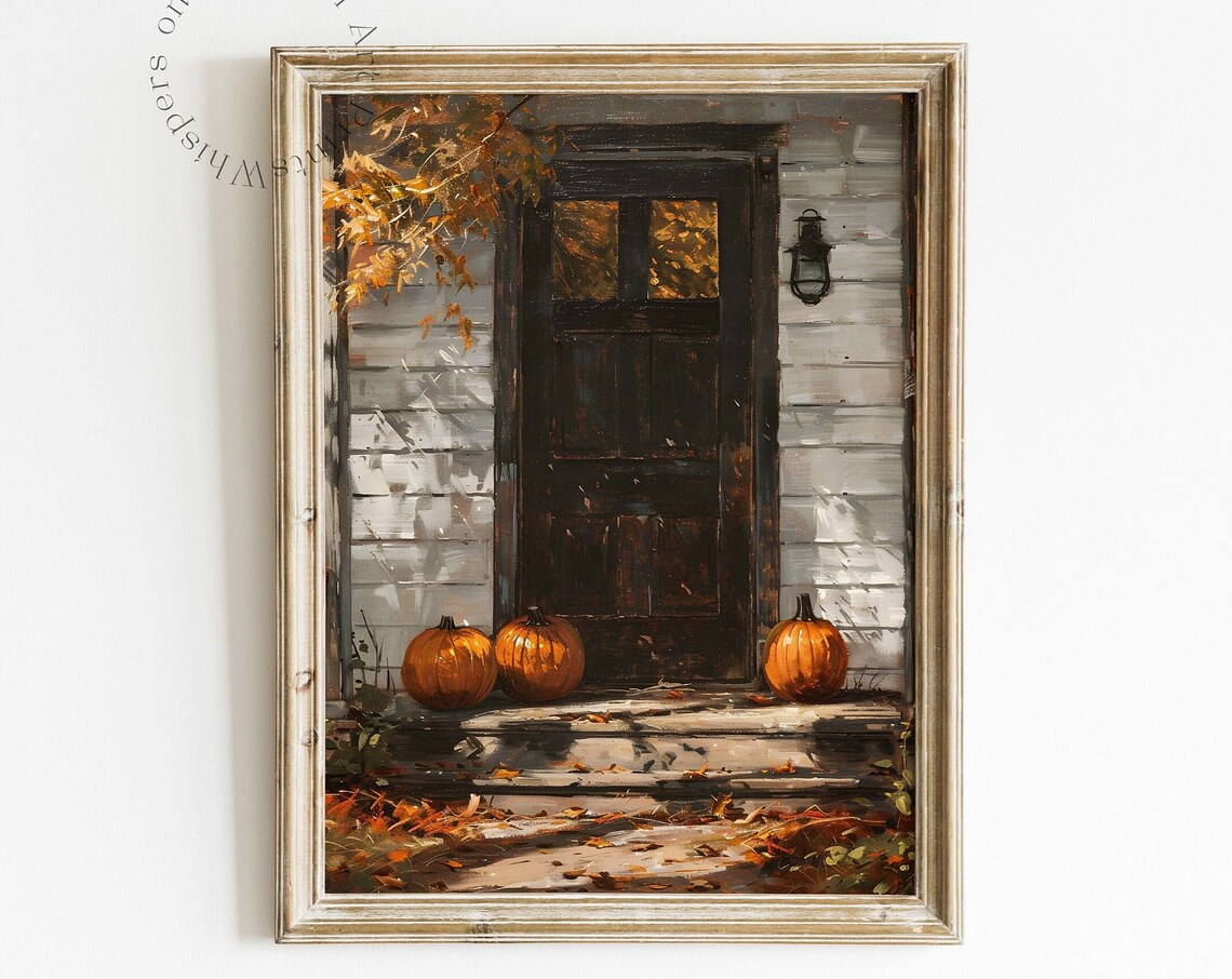 Pumpkins by Front Door Autumn Farmhouse Oil Painting Fall Poster