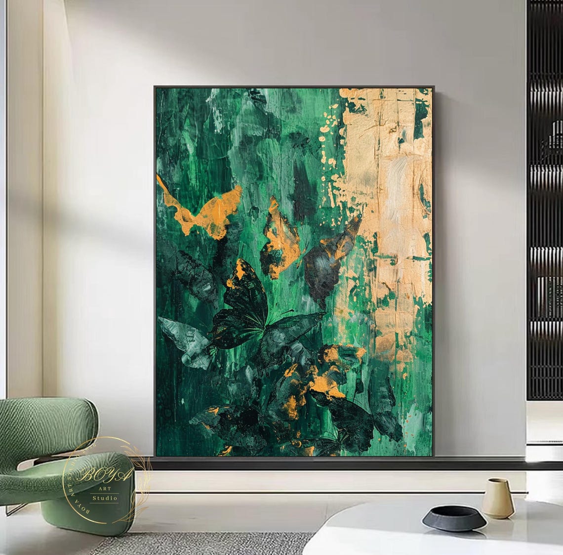 Large Green Wall Art Original Green Abstract Painting Butterfly Abstract Art Gold Texture Painting Modern Butterfly Painting Gold Art