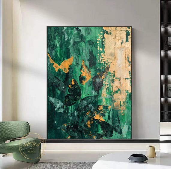 Large Green Wall Art Original Green Abstract Painting Butterfly Abstract Art Gold Texture Painting Modern Butterfly Painting Gold Art