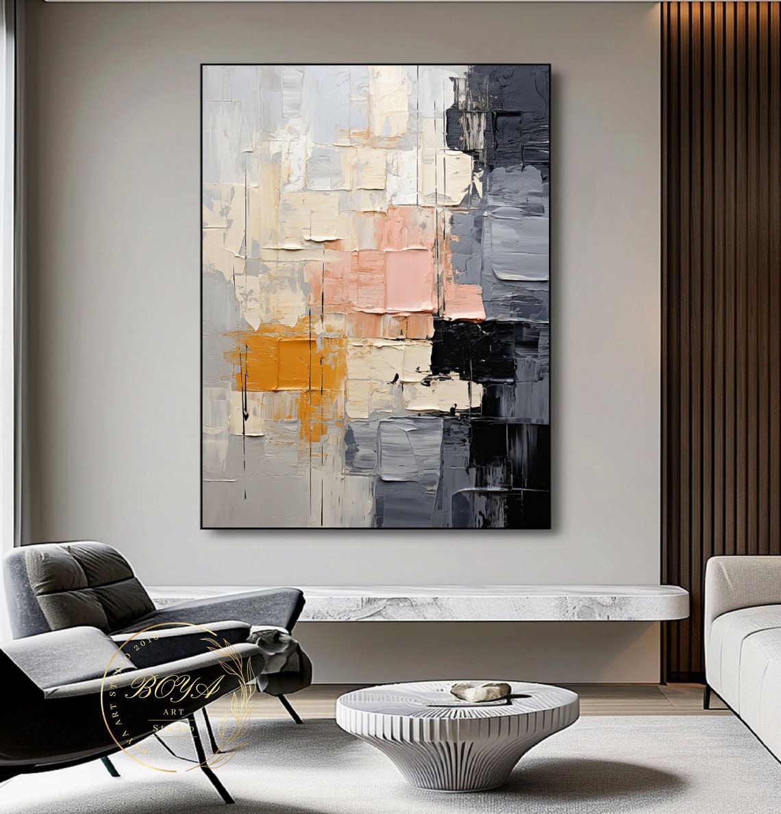Original Black White Textured Art Large Black White Painting Pink Abstract Painting Minimalist Wall Art Beige Oil Painting Gray Art - Image 5
