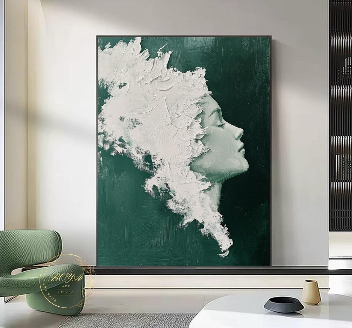 Woman Profile Sculpted in White Impasto on Emerald Green Poster - Image 3
