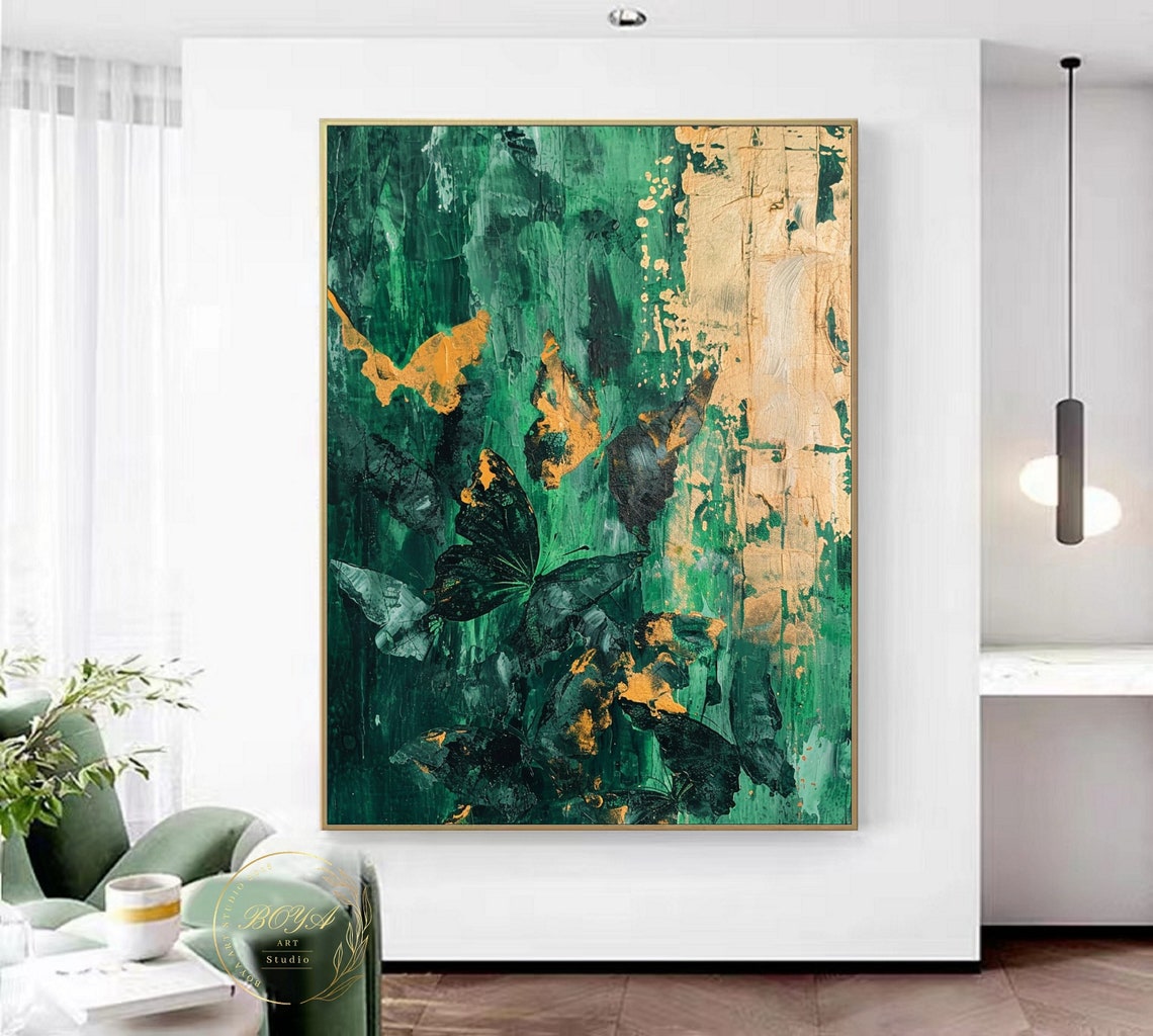 Emerald Green Butterfly Abstract Painting with Gold Accents Wall Art - Image 3