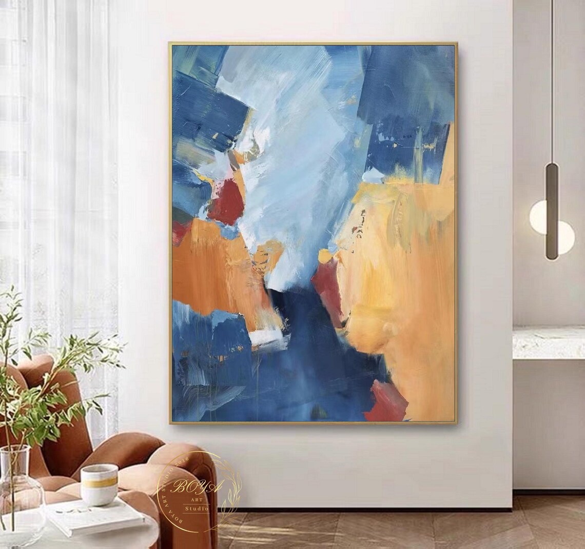 Large Blue Painting Original Yellow Abstract Painting Blue Abstract Art Orange Wall Art Minimalist Abstract Painting Modern Wall Art - Image 4