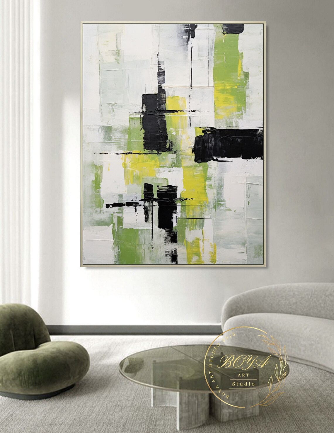 Lime Green Minimalism Black White Abstract Art Print - Image 5