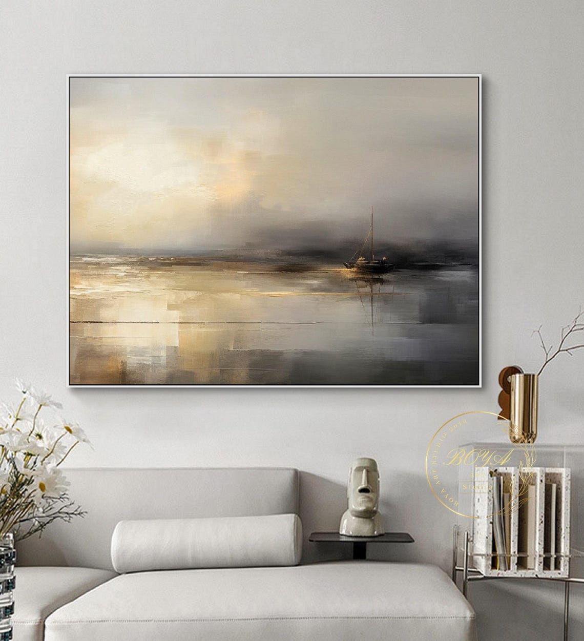 Minimalism Beige Wall Art Sailboat Abstract Painting Large Seascape Wall Art Black Gold Abstract Painting Original Beige Abstract Painting - Image 5