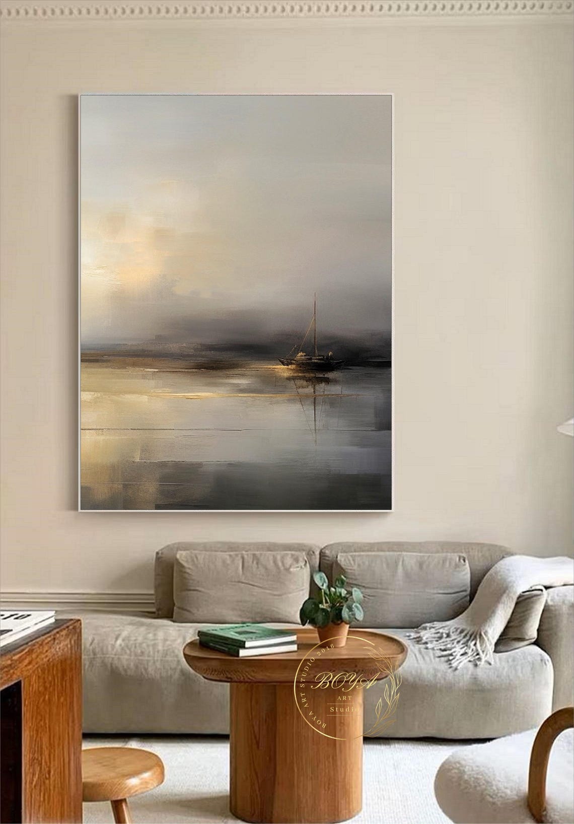 Lone Sailboat in Golden Mist Abstract Seascape Painting Poster - Image 5