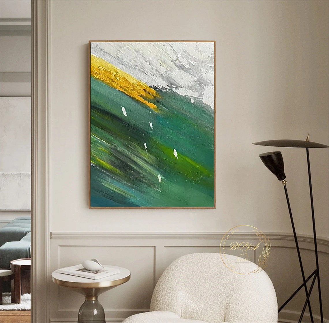Diagonal Green Abstract with Bold Gold Band Modern Artwork Poster - Image 3