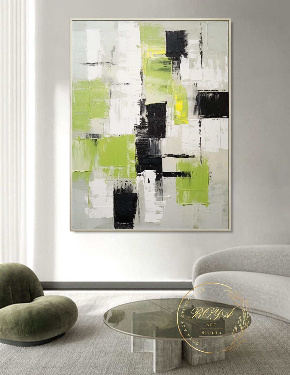 Lime Green Abstract Painting Large Green Minimalism Wall Art Black White Wall Painting Original Green Art Black White Textured Art - Image 5