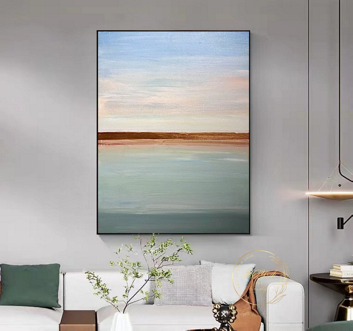 Minimal Pastel Horizon Seascape with Copper Band Artwork Poster - Image 5