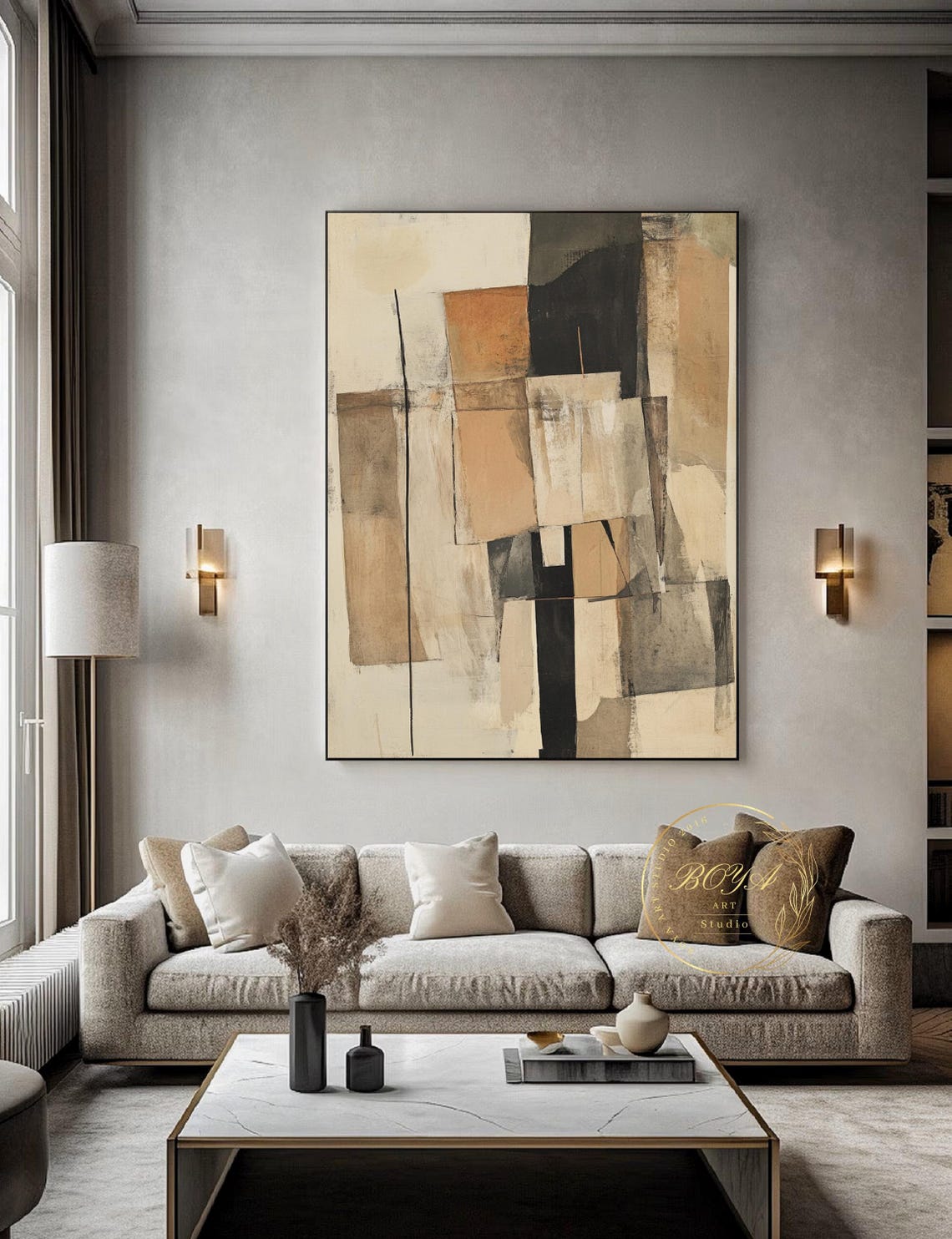 Tall Beige and Black Geometric Stacks Wabi Sabi Abstract Poster - Image 3