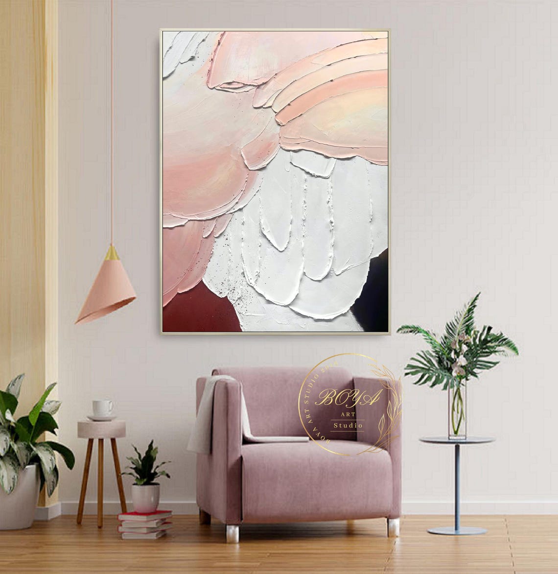 Pink Minimalist Abstract Art Pink Painting White 3d Textured Wall Art Original Abstract Painting Neutral Wabi Sabi Wall Art - Image 4
