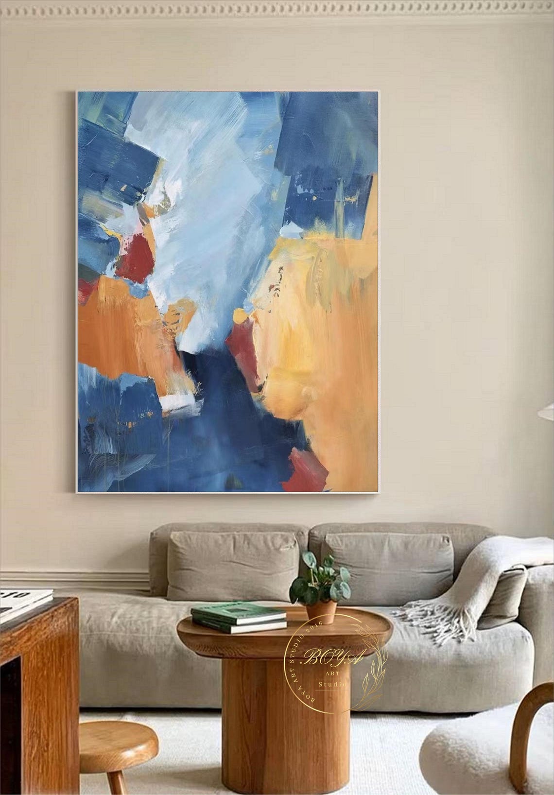Bold Navy Blue Orange Diagonal Blocks Abstract Painting Poster - Image 3