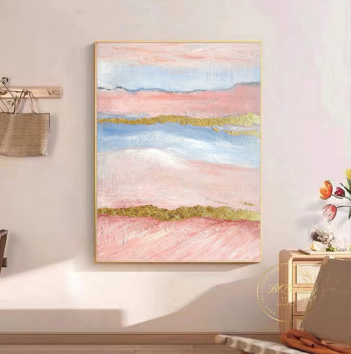 Elegant Pink and Blue Stripes with Gold Leaf Abstract Poster - Image 4