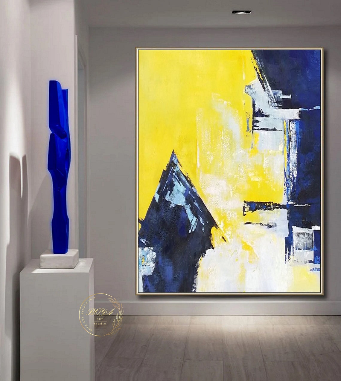 Large Minimalist Abstract Painting Yellow Abstract Art Blue Oil Painting Modern Minimalist Geometric Art Landscape Abstract Painting - Image 2