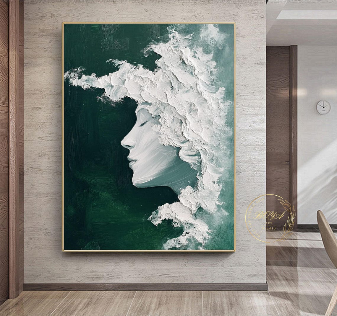 Serene Flowing White Impasto Hair Portrait on Deep Green Poster - Image 2