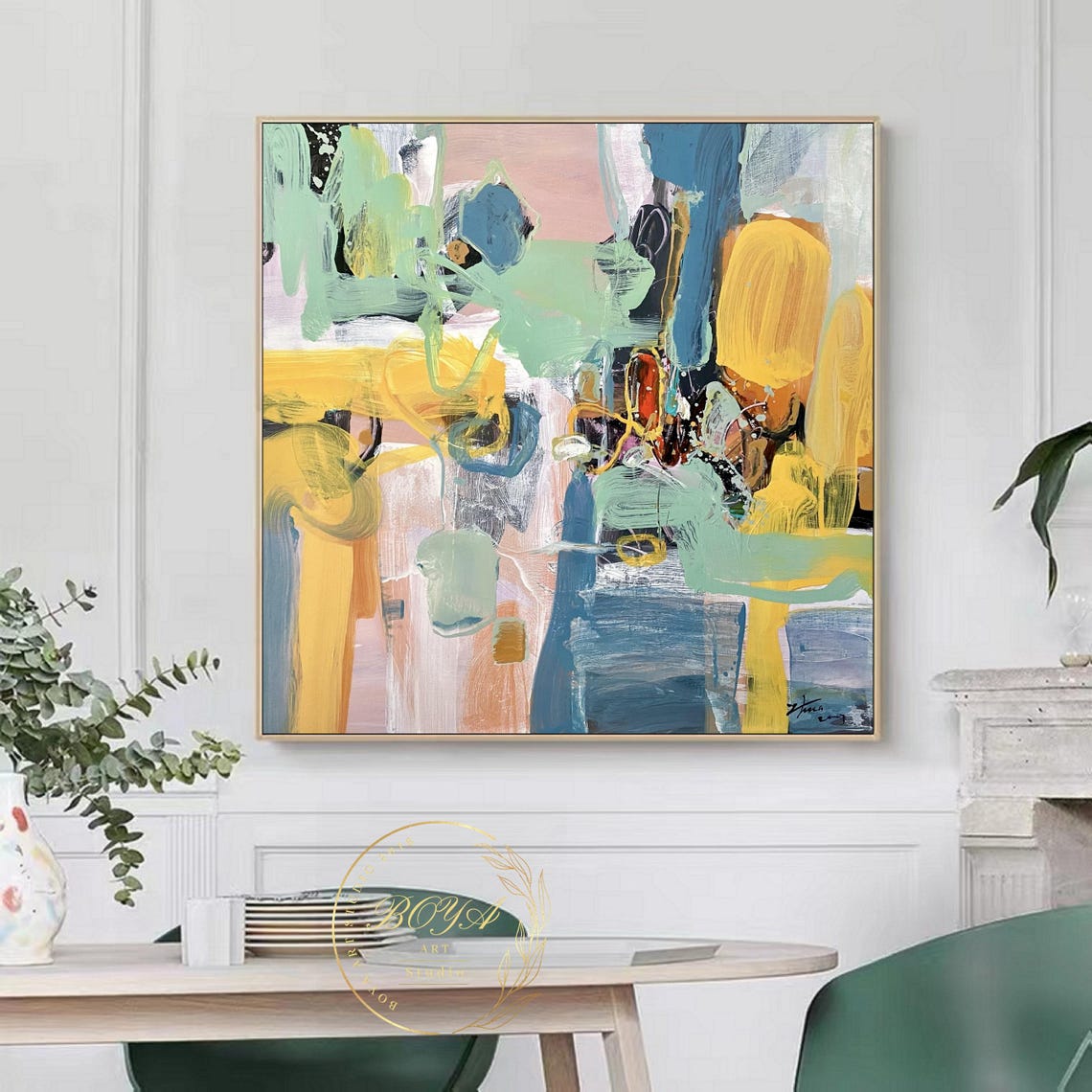 Bold Yellow Blue Green Gestural Brushstrokes Abstract Art Poster - Image 3