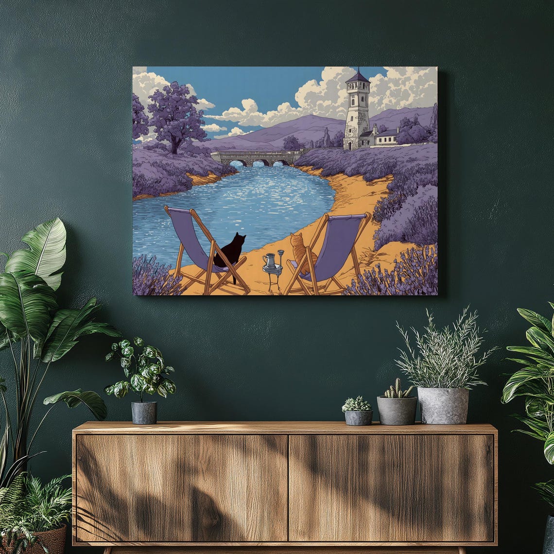 Two Cats In Deck Chairs Lavender River Bridge Whimsical Art Poster