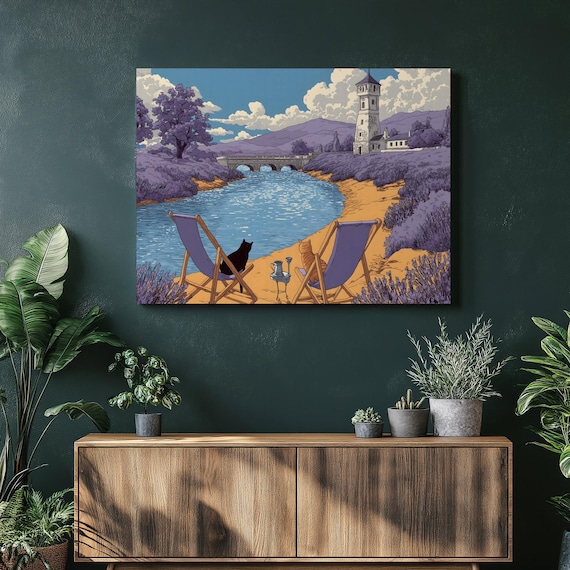 Two Cats In Deck Chairs Lavender River Bridge Whimsical Art Poster