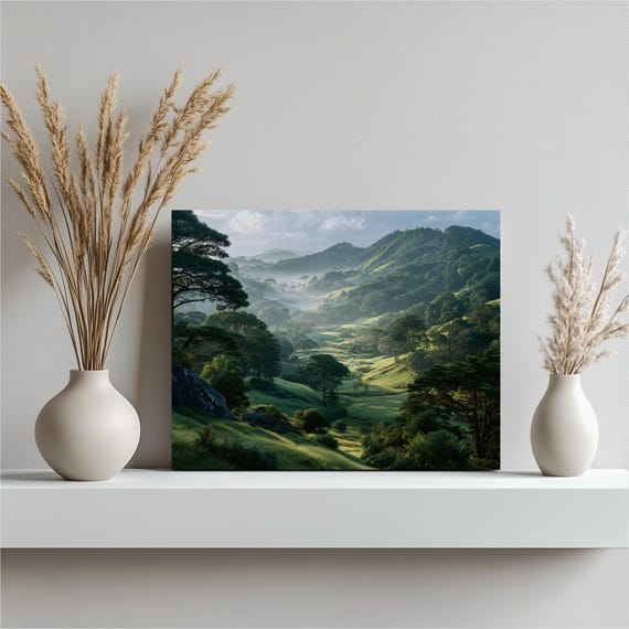 Misty Mountain Forest Canvas Wall Art Landscape Print Green Hills Nature Decor Scenic Valley Painting Gift For Lovers