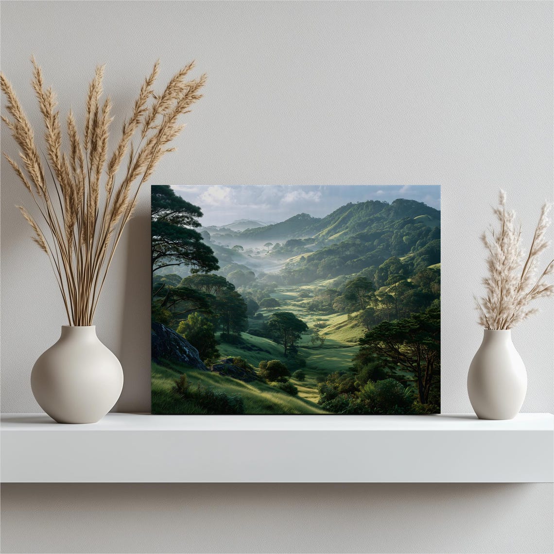 Serene Green Valley Misty Hills Morning Light Landscape Poster