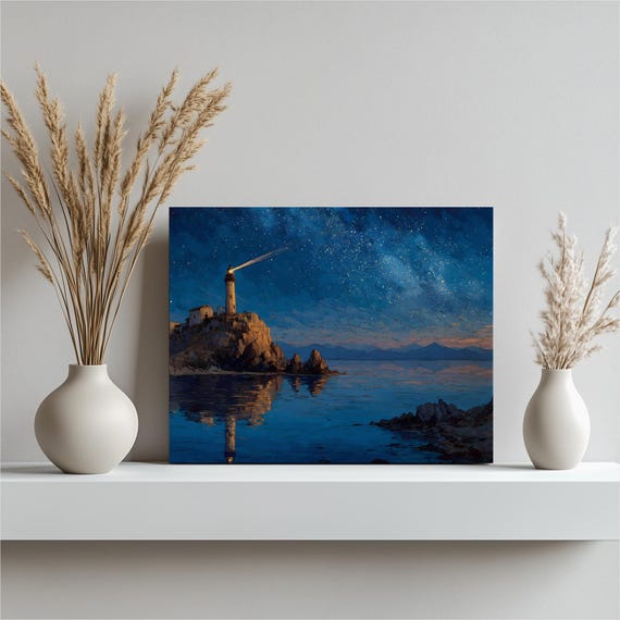 Lighthouse Starry Night Sky Rocky Coast Ocean Seascape Art Poster