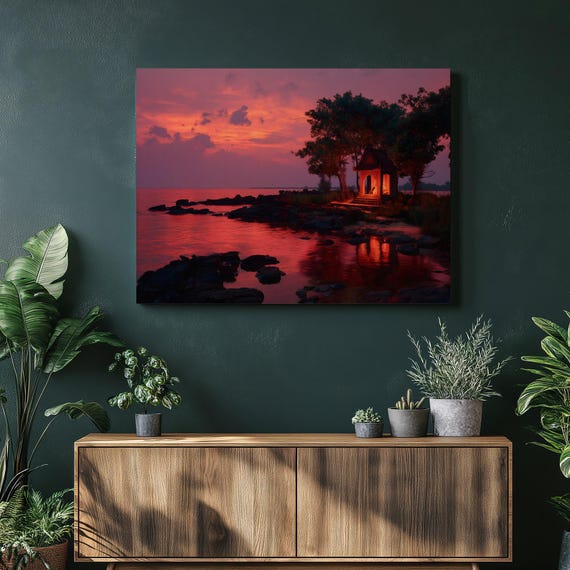 Sunset Lake Shrine Canvas Wall Art Colorful Twilight Shoreline Reflection Rocky Landscape Print Nature Decor Temple Red Orange Sky