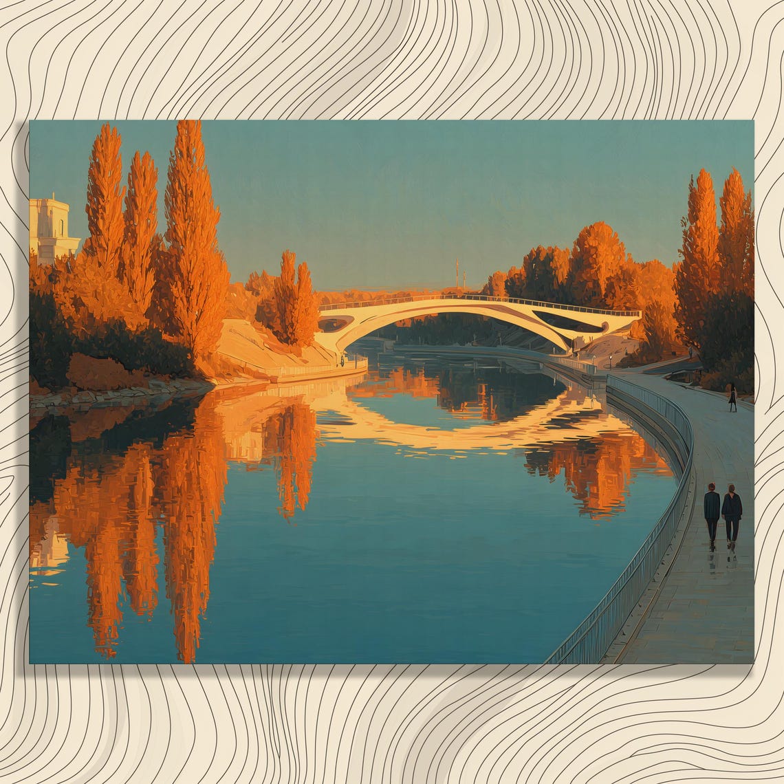 Autumn Bridge Sunset Canvas Wall Art Modern Foot Over Calm River Water Reflecting Orange Trees Landscape Print Couples Gift