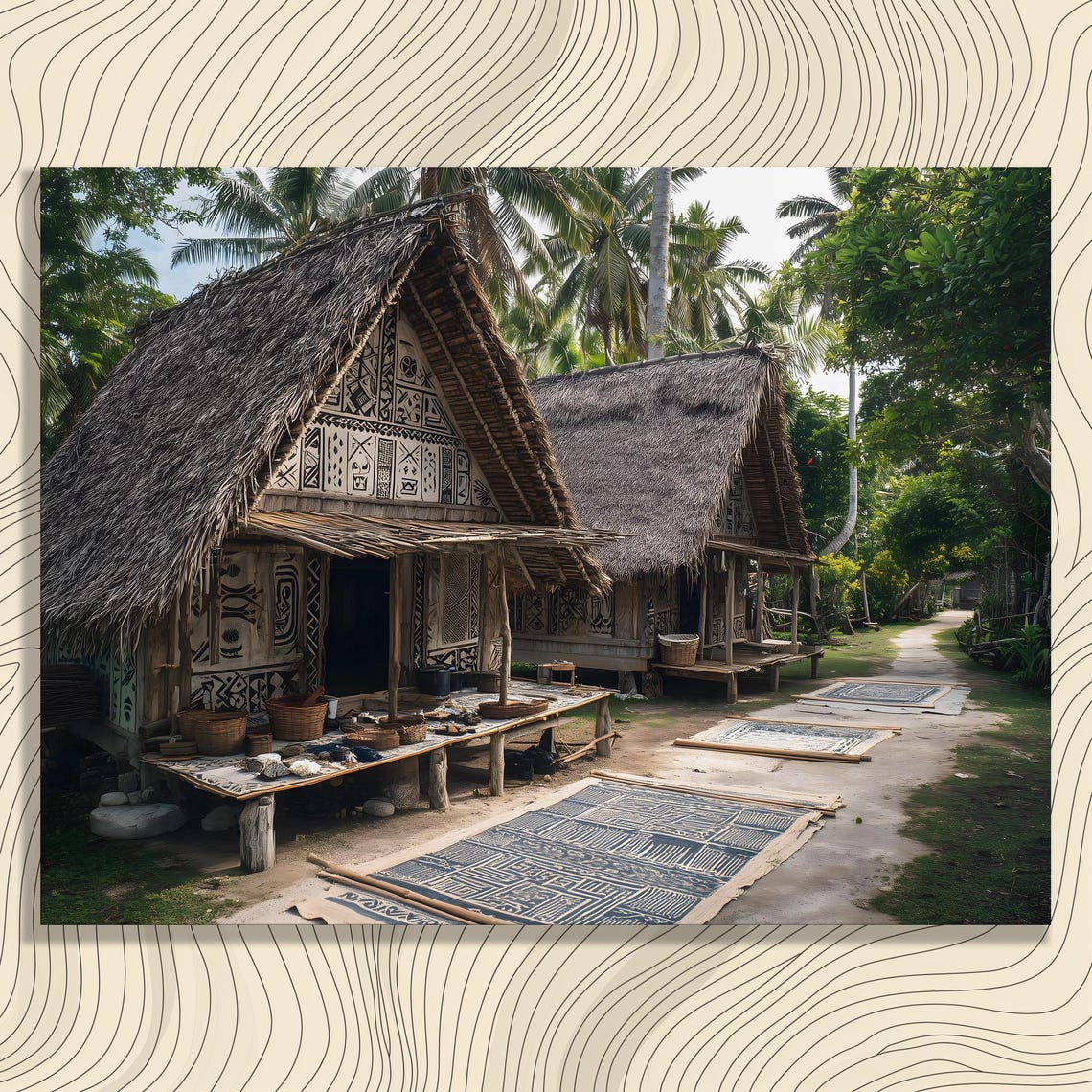 Tropical Village Thatched Huts Palm Trees Tribal Decor Art Poster