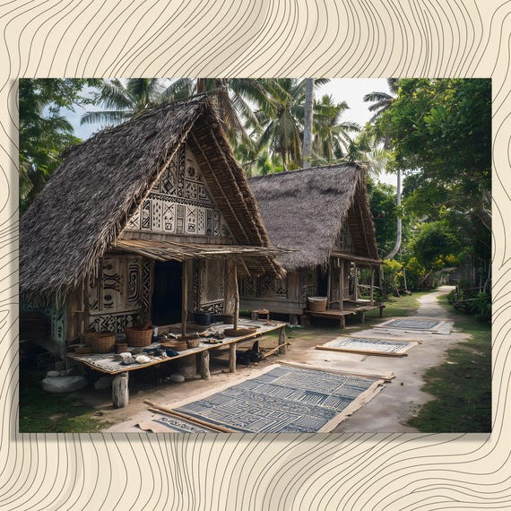 Tropical Village Canvas Wall Art Coastal Palm Tree Scene Thatched Island Huts Tribal Motifs Boho Style Decor