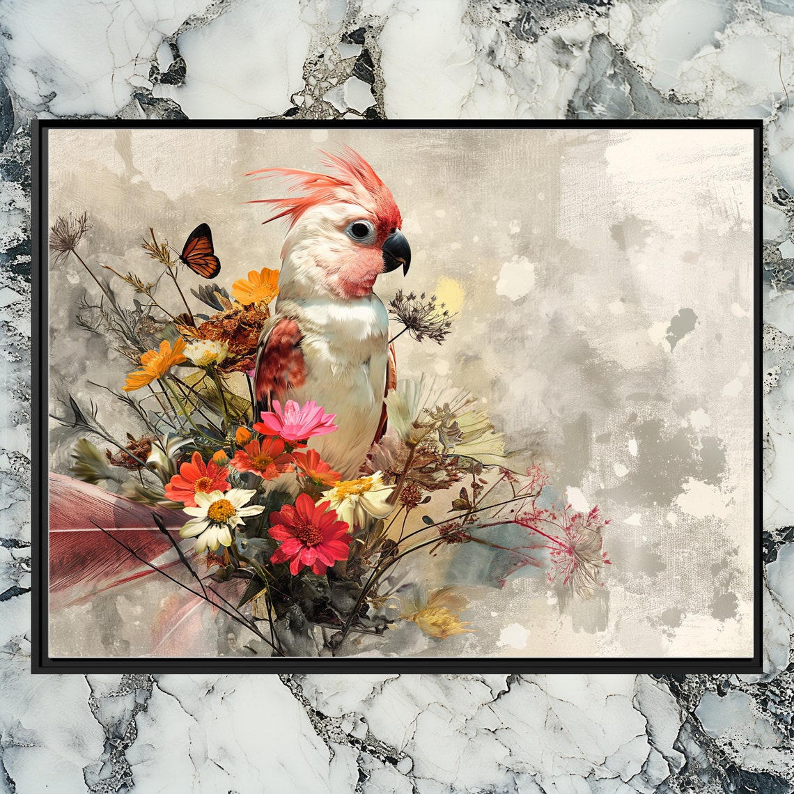 Crested Pink Cockatoo Wildflowers Butterfly Parrot Art Poster