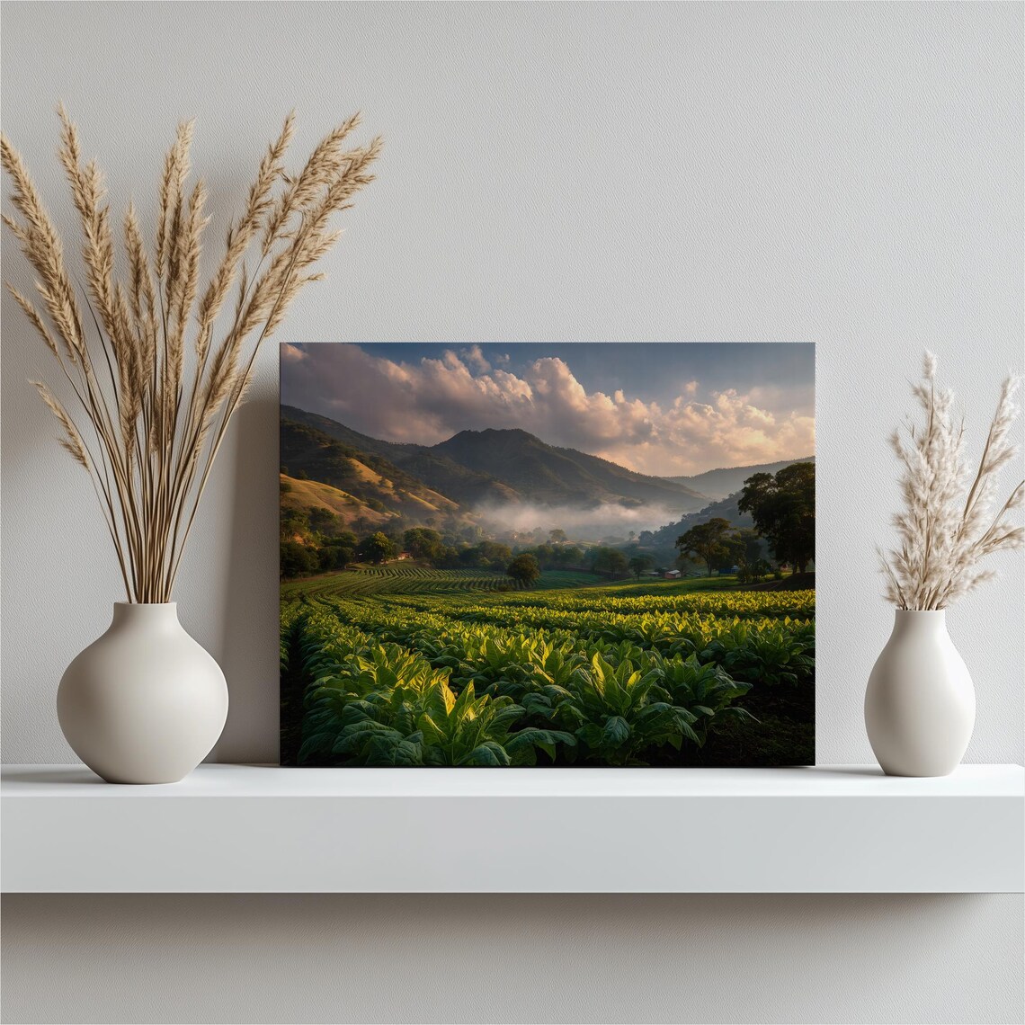 Lush Green Farm Field at Golden Hour with Misty Mountains Poster