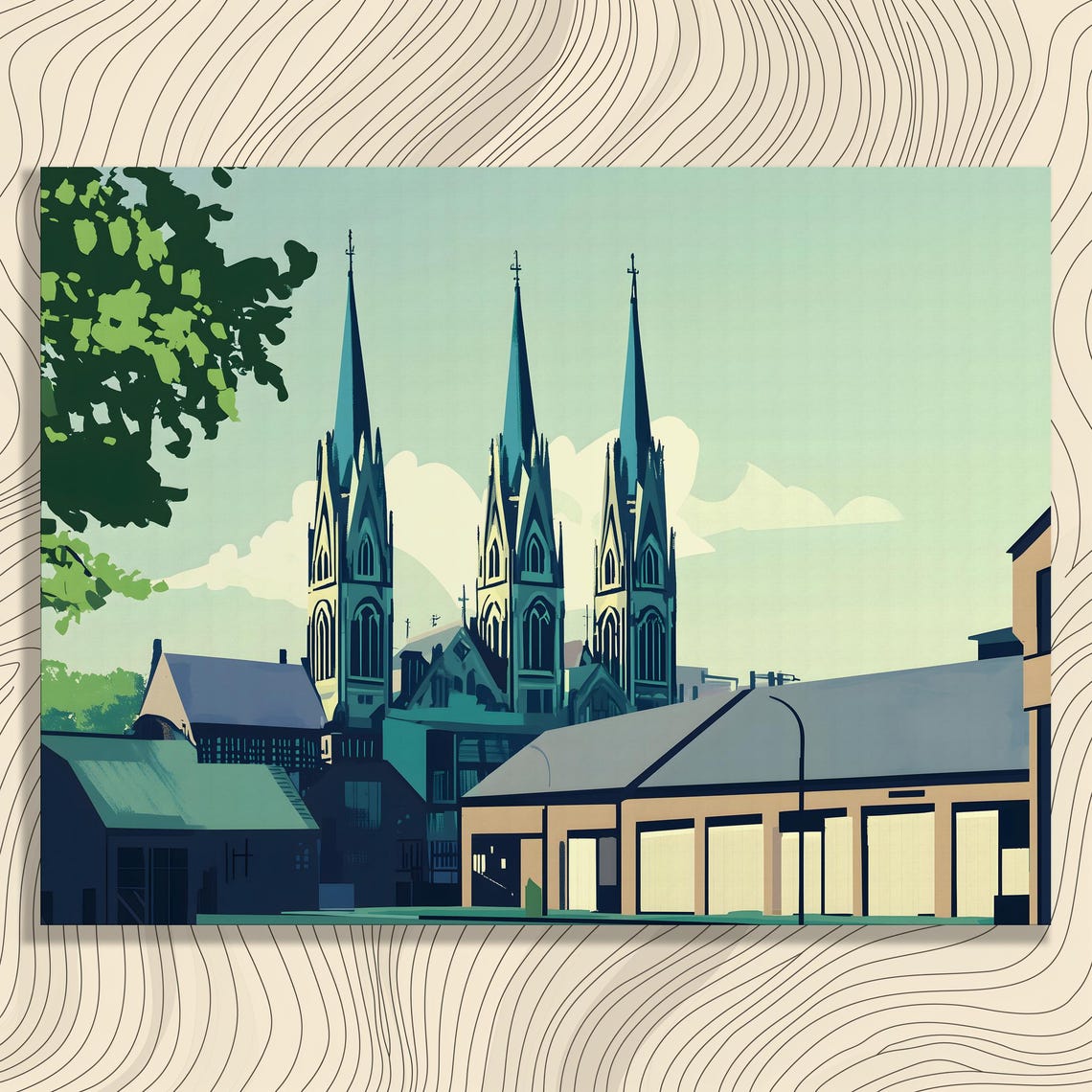Cathedral Spires Cityscape Canvas Wall Art Gothic Architecture Serene Landscape Print Decor Church Facade Lush Greenery