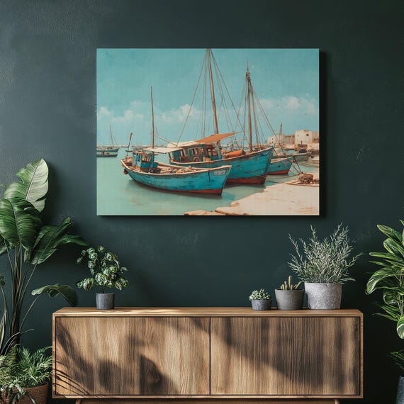 Coastal Fishing Boat Canvas Wall Art Vintage Harbor Scene Turquoise Sea Rustic Seascape Print Wooden Decor Sailing Vessel